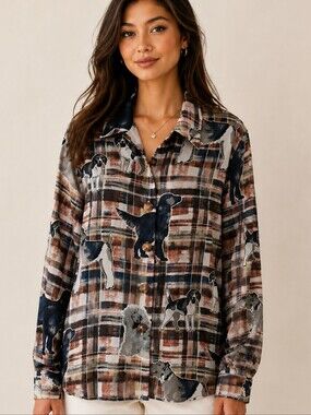 Vintage COMO Dog Print Plaid Blouse 80s 90s 6 Button Up Plaid Animal Retro Brown